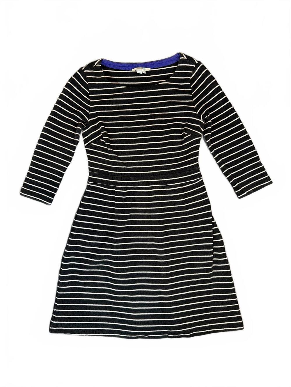 Boden Black and White Striped Cotton Blend Dress 3/4 Sleeve Size UK12 US8